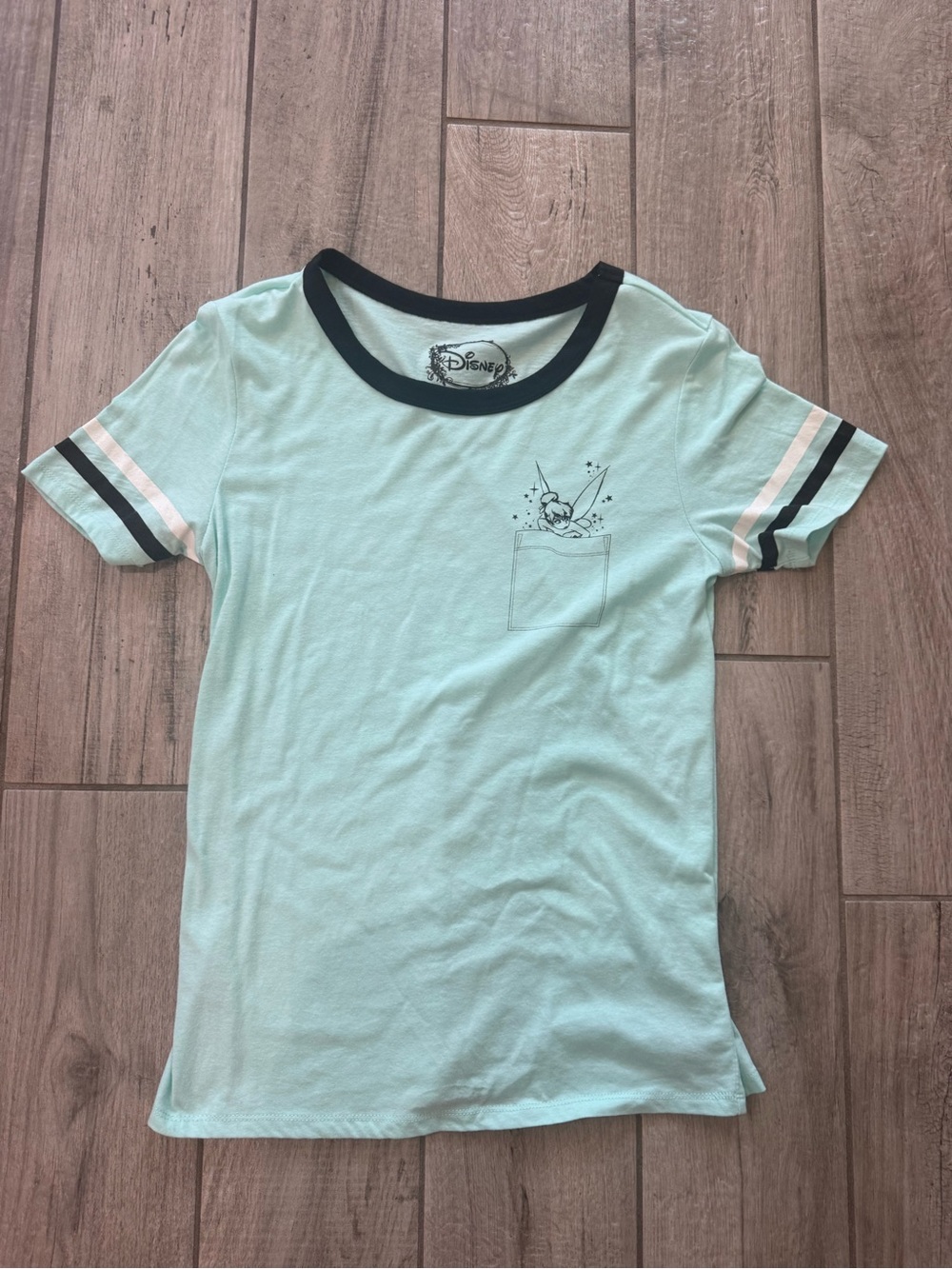Disney Light Aqua Tinker Bell Pocket Ringer Tee with Navy Trim